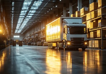 Poster - Modern Delivery Truck Inside a Brightly Lit Warehouse with Pallet Racks and Cardboard Boxes Stacked Neatly Along the Aisles Evoking a Sense of Efficient Supply Chain Operations
