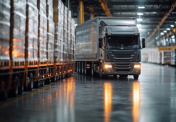 Poster - Modern Freight Truck in Large Warehouse with Pallets, Transporting Goods Efficiently Through Industrial Space, Logistics and Supply Chain Operations