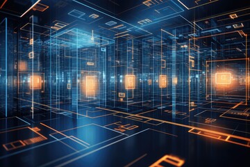 Aufkleber - Futuristic tech data center with glowing grids and digital structures showcasing advanced information processing and storage capabilities in a modern environment