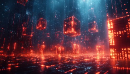 Poster - Futuristic Digital Landscape with Red Cube Data Blocks in Cyberpunk Style and Binary Code Immersion