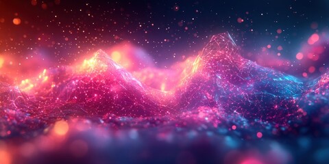 Poster - Futuristic Network of Interconnected Polygons in a Vibrant Digital Landscape with Neon Lights and Dynamic Movement