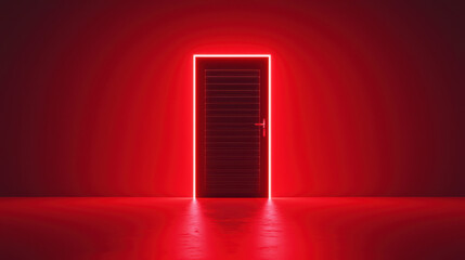 Poster - glowing red door stands in dark room, creating mysterious atmosphere