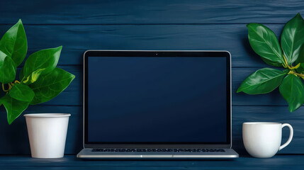 Poster - modern workspace featuring laptop, plants, and coffee cup