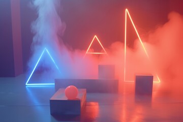 Poster - Geometric shapes and a glowing orange sphere suspended in a neon mist, creating an immersive atmosphere of color and light in a modern art-inspired setting