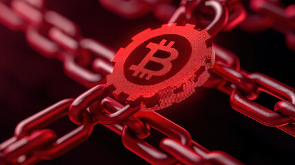 Poster - Digital currency symbol on red chain, representing blockchain technology