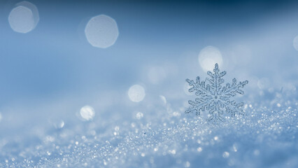Fototapete - Close-up of a snowflake resting on a natural snowdrift, creating a picturesque backdrop for Christmas and winter themes