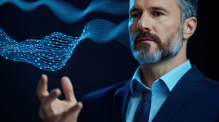 Poster - man in suit interacts with digital waves, showcasing communication