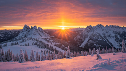 Poster - An awe-inspiring dawn breaks over the snowy mountain landscape