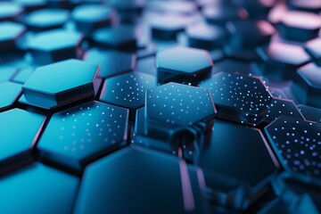 Fototapete - An abstract hexagon background showcasing a digital landscape illuminated by a captivating blend of blue and purple tones for a modern aesthetic experience