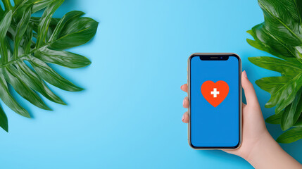 Poster - hand holding smartphone displaying health app on blue background