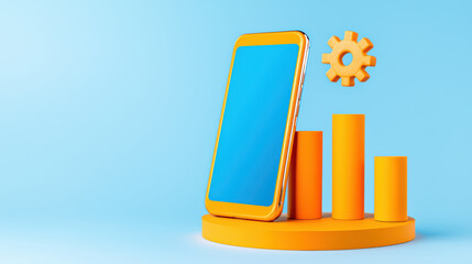 Poster - Smartphone with colorful bars and gear icon on blue background