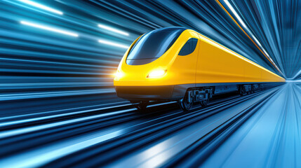 Poster - Fast yellow train in motion on futuristic tracks, showcasing speed and technology