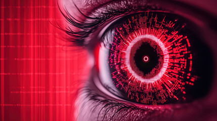 Poster - Eye catching close up of digital eye with red patterns, symbolizing cyber security threats