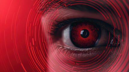 Poster - Eye catching close up of human eye with digital red overlay, symbolizing cyber security threats