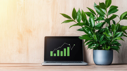 Poster - laptop displaying financial growth chart next to green plant