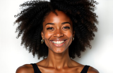 Wall Mural - Young Black woman displays natural beauty with radiant smile. Afro hair texture embraces natural style. Studio portrait on white backdrop. Image conveys happiness and natural beauty.