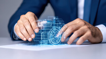 Poster - person in suit interacts with digital camera concept, showcasing technology