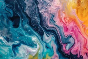 Poster - A vivid blend of blues, pinks, and yellows creates a mesmerizing liquid pattern, resembling a vibrant abstract painting in an artistic environment