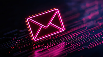 Poster - Neon email icon glowing on digital circuit background, symbolizing communication