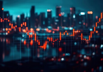 Poster - Urban Skyline with Financial Candlestick Chart Overlay Illustrating Market Trends, Investment Growth, and Economic Analysis in a Dynamic City Environment