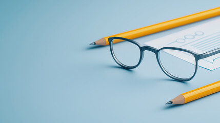 Poster - Glasses and pencils on blue background, ideal for workspace themes