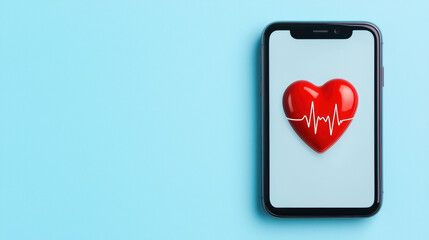Poster - smartphone displaying red heart with heartbeat line symbolizes health