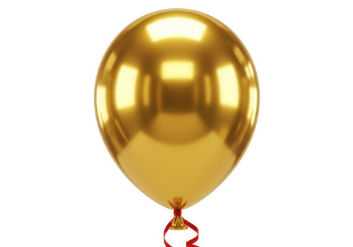 Shiny golden balloon with a curled ribbon attached, floating against a white background