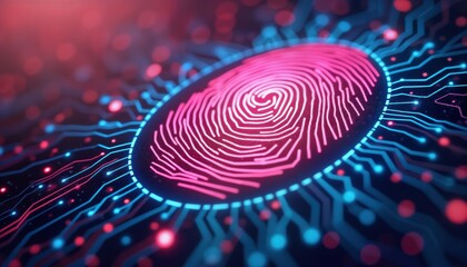 Poster - Close-up view of biometric fingerprint authentication system. High-tech security features highlighted by glowing lines, circles. Advanced tech used for secure entry. Image shows how digital identity,