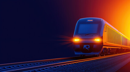 Poster - modern electric train on tracks at sunset, showcasing advanced technology