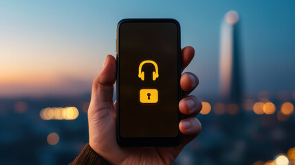 Poster - person holding smartphone displaying locked headphone icon at sunset