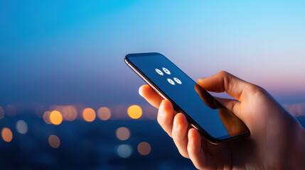 Poster - hand holding smartphone with blurred city background at dusk