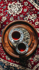 Wall Mural - Top view of a small wooden stand with a mirror and tray for tea, set against a Persian carpet background, for product photography.