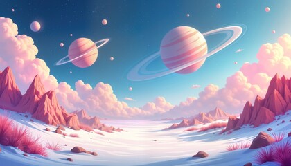 Poster - Fantasy landscape with pink planets and rings in a pastel sky over a snowy desert. Mountains rise from the snow-covered plains. Soft pink clouds float in the sky. Peaceful and whimsical scene.