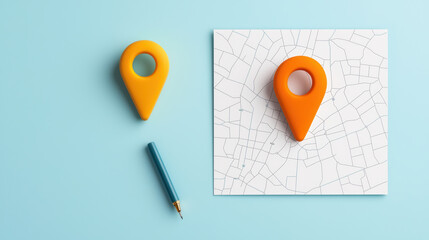Poster - Bright orange location markers on light blue background with map