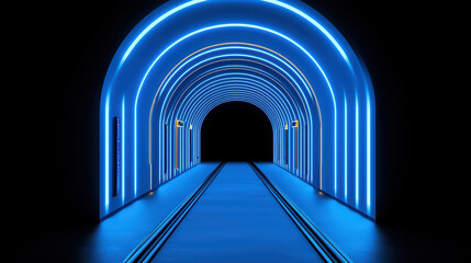Poster - futuristic tunnel with glowing blue lights and tracks