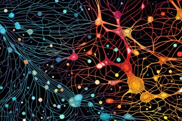 Poster - This artwork illustrates a complex AI neural network, featuring an interplay of vibrant colors and intricate connections