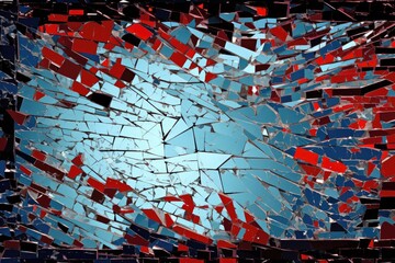 Poster - An abstract pattern depicting a broken computer screen with fractured glass pieces reflecting shades of blue and red, emphasizing a digital disruption in a modern technological environment