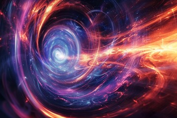 Poster - A breathtaking view of swirling magnetic fields distorting time and space within a cosmic vortex, showcasing the dynamic interplay of light and color in an otherworldly realm