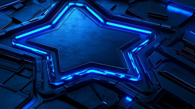 Abstract Blue Star Neon Light Metal Background