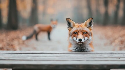 Aufkleber - Curious fox peeking over wooden table in autumn forest