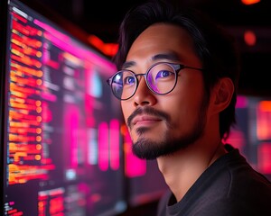 focused programmer looking at code on monitors.
