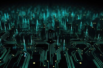 Poster - Silhouette of circuits illuminated over a dark matrix style background showcasing complex digital patterns and connections in a futuristic technology landscape