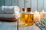 Spa treatment setting with organic oil bottles candles, towels on wooden surface. Relaxing, luxurious atmosphere. Natural products. Aromatherapy scene. Possible spa wellness center. Healthy lifestyle