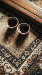 Wall Mural - A close-up photo of Arabic coffee on a table, with an empty white saucer and a decorative red carpet in the background, seen through a wooden mirror frame