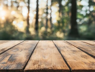 Poster - Empty wooden table with blurred forest backdrop in morning light