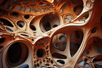 Poster - Exploration of harmonious shapes showcasing organic structures and intricate designs in earthy tones, creating a fluid visual experience in a surreal environment