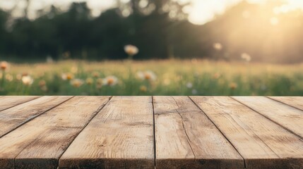 Poster - Empty wooden table showing a blurred field of flowers at sunset