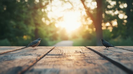 Poster - Birds standing on a wooden table in a forest at sunset