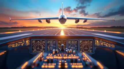 Poster - a close-up of an aircraft cockpit with intricate controls and a view of the runway ahead.