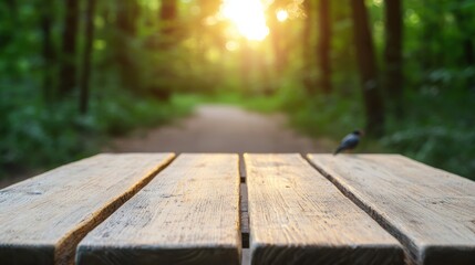 Poster - Empty wooden table inviting you to enjoy peaceful forest trail at sunset